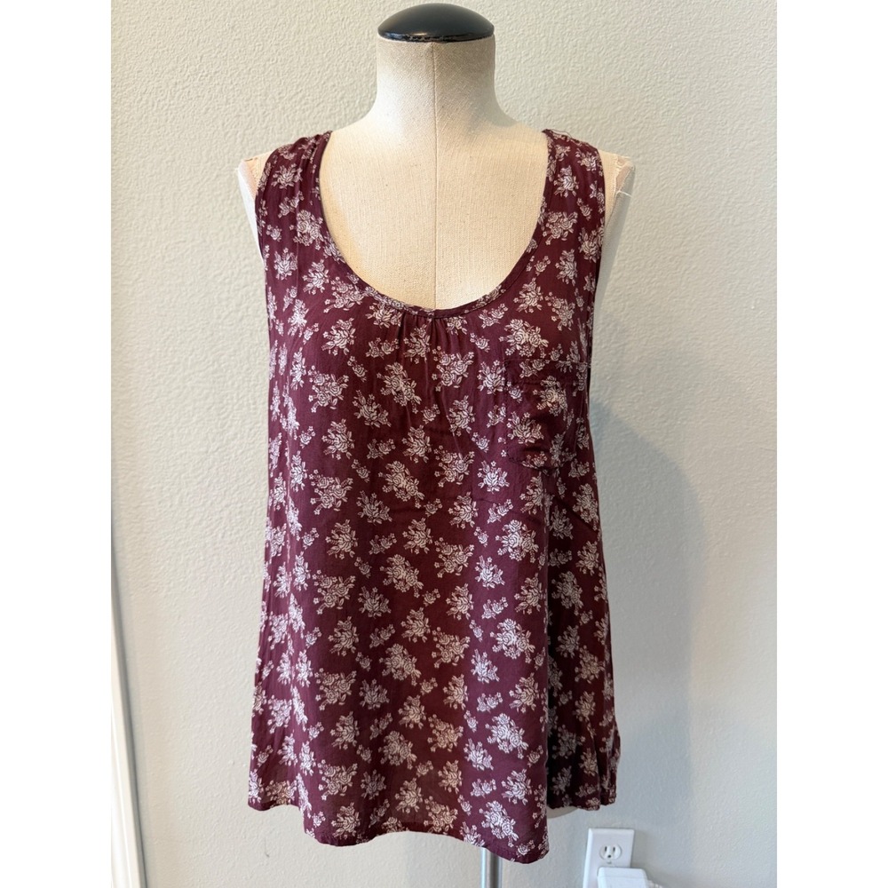 Iris Los Angeles Womens L Burgundy Floral Tank Top Strappy Back Boho 100% Rayon